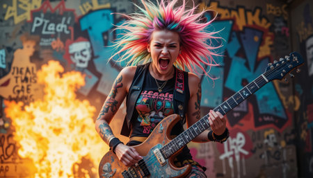 Rebel Spirit: Punk Rock Woman Screaming and Playing Electric Guitar in Front of a Colorful Graffiti Wallの素材