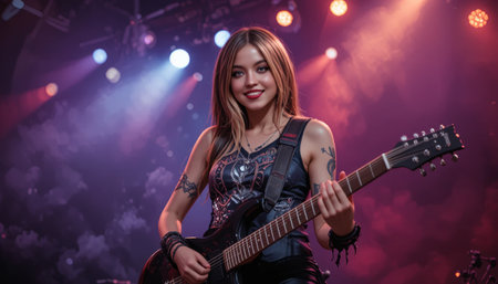 Blonde Rock Woman play and Energizing the Crowd at a Concertの素材