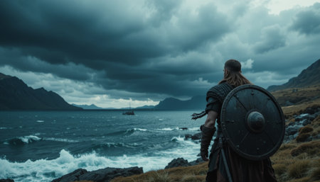 A fierce Viking or Celtic warrior stands on a Nordic cliff, shield on his back, gazing at a stormy sea. Wind howls, waves crash, lightning strikes he remains steadfast, a symbol of strength and resilience.の素材