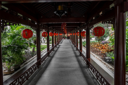 Corridor decorated with Chinese lanternsの写真素材