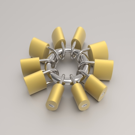 Locks are locked and connected on a same steel hoopの写真素材