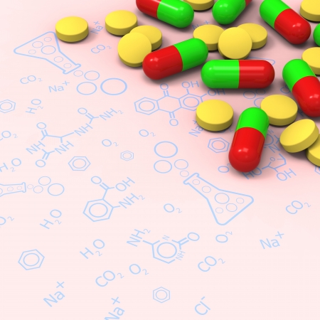 3D model of yellow pills and red green capsules on chemical diagramの写真素材