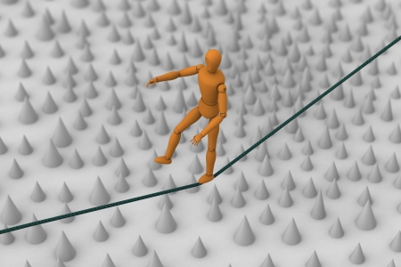 3D model of puppet robot trying to balance and walk on rope string across field of spikeの写真素材