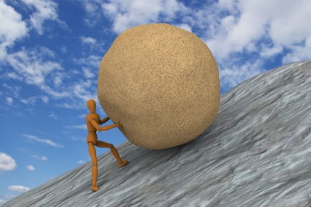 3D model of puppet hard working by trying to push and roll a heavy stone up to sloped mountain の写真素材