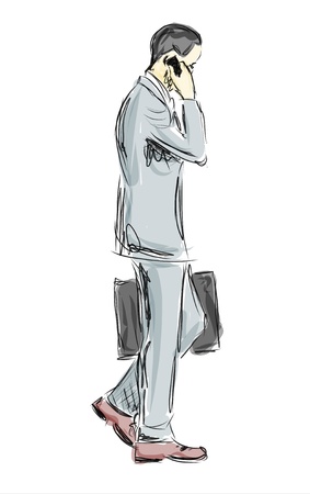 Sketch Of A Business Man Rushing To Meeting With Breifcase And Cellphoneの写真素材