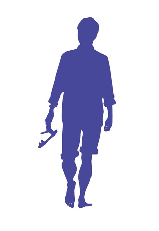 Conceptual Silhouette Of A Man Walking Barefoot On A Beach Carrying Filp-Flopsのイラスト素材