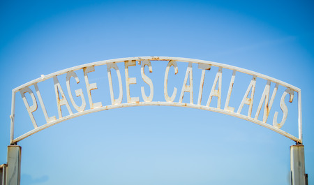 Rustic Sign At Plage des Catalans In Marseille, South Franceの写真素材