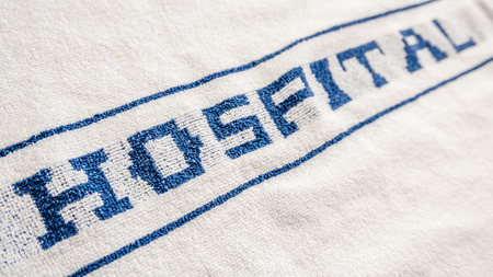 Detail Of A Blue And White Hospital Branded Towelの写真素材