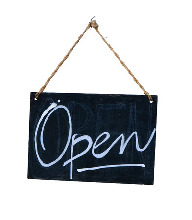 Isolated Rustic Hanging Blackboard Open Sign On A White Backgroundの写真素材