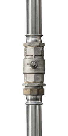 Industrial Image Of An Isolated Stainless Steel Plumbing Pipe With Valve On A White Backgroundの写真素材