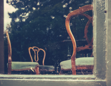 Grand Stately Home Living Room Through Window (With Reflection)の写真素材