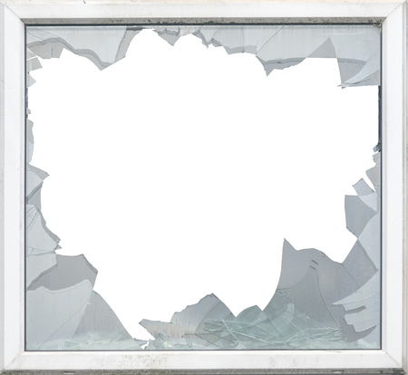 Isolated Smashed Glass In A Window Frame With White Backgroundの写真素材