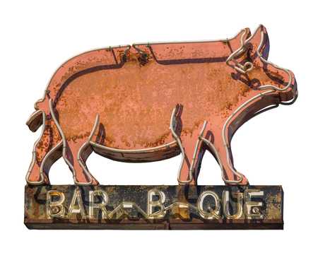 Isolated Grungy Rustic Old Neon Pig Sign For A Bar-B-Que (Barbecue) Dinerの写真素材