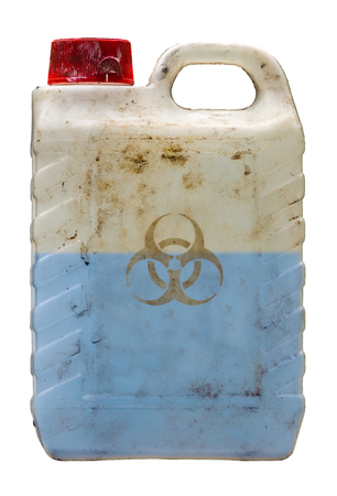 Isolated Grungy Plastic Container Holding A Blue Toxic Biohazard Waste Liquidの写真素材