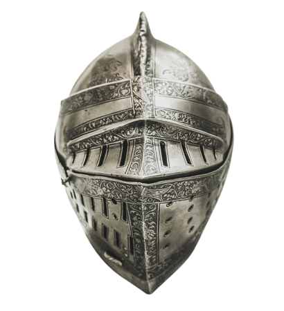 Isolated Authentic Knight's Armour Helmet With Shallow Depth of Focus And A White Backgroundの写真素材