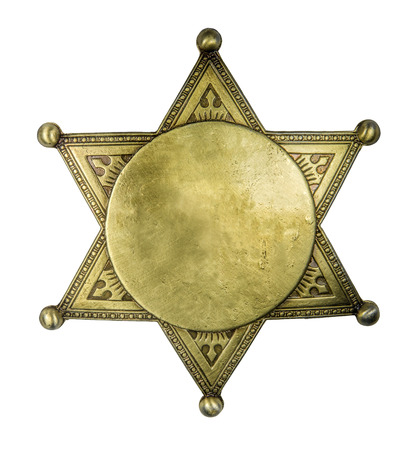 Isolated Retro Vintage Brass Sheriff Style Star Badge Blank For Your Text On A White Backgroundの写真素材
