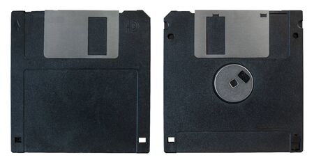 The Front And Back Of An Old Computer Floppy Disk On A White Background