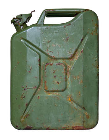 An Old Grungy Oil Or Gas (Petrol) Jerry Can Or Container On A White Backgroundの写真素材