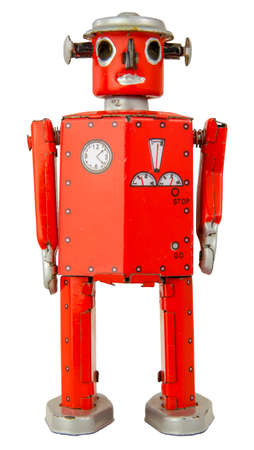 Vintage Retro Red Windup Robot Toy, Isolated On A White Backgroundの写真素材