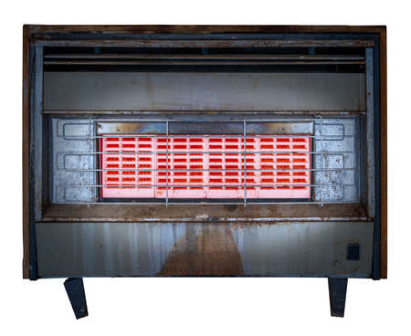 Isolated Grungy Glowing Old Interior Gas Fire Or Radiator Or Heater While On