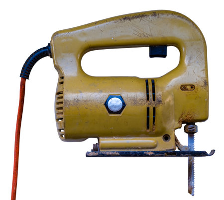 An Isolated Vintage Electric Jigsaw Power Tool On A White Backgroundの写真素材