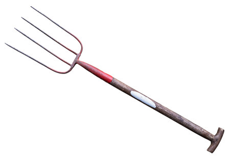 A Vintage Rustic Pitchfork Isolated On A White Backgroundの写真素材