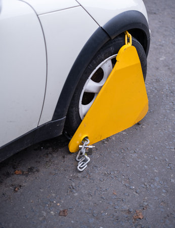 A Car In The Street With A Clamp (Or Denver Boot) On Its Wheel After Being Parked Illegally (With...