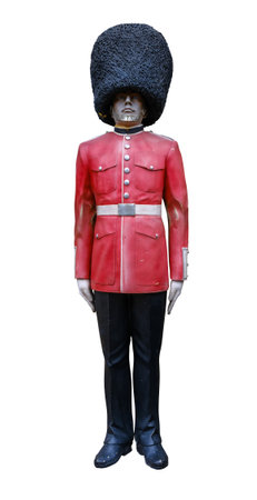 An Isolated Weathered Wooden Statue Of A London King's Guard (Or Foot Guard Or Queen's Guard)の写真素材