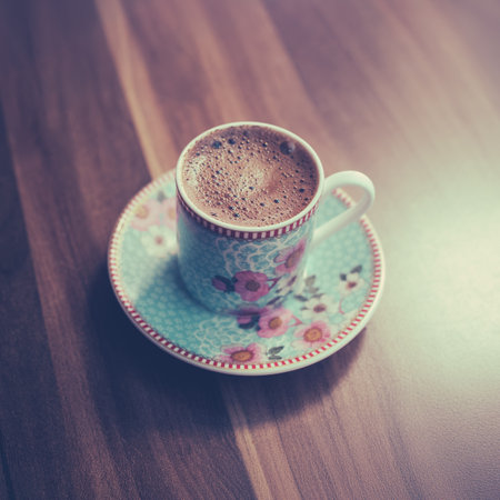 A Small Cup Of Strong Turkish Coffee In A Small Decorative Cup On A Wooden Tableの写真素材