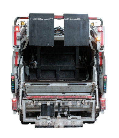 The Rear Of A Garbage Truck Or Bin Or Dustbin Lorry Isolated On A White Backgroundの写真素材