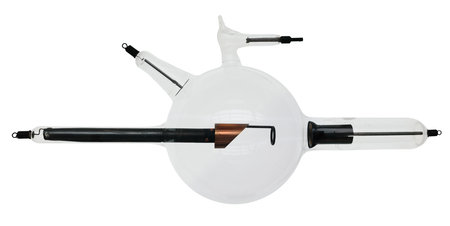 Isolated Glass Crookes Tube Apparatus With Electrodes, Used In Early Physics Experiments With Cathode Rays, On A White Backgroundの写真素材