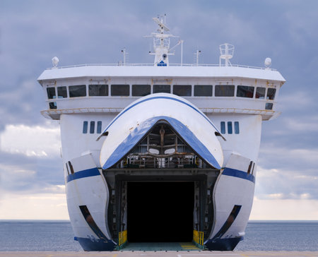 Front View Of A Large Roll-On Roll-Off Ferry (Ro-Ro Ship) Docked At Port With Its Bow Door Open For Vehicles And Passengers, Maritime Transport And Travel Conceptの写真素材