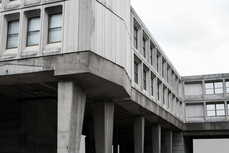 Large Brutalist Concrete Office Building With Strong Geometric Lines Pillars And Windows In Harsh Modernist Style Against A Cloudy Skyの写真素材