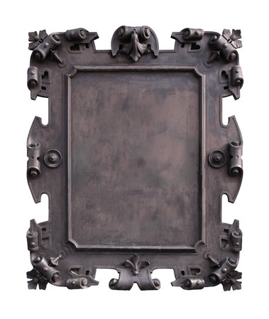 Antique Ornate Metal Plaque With Decorative Gothic Style Details, Blank For Your Text, Isolated A White Backgroundの写真素材