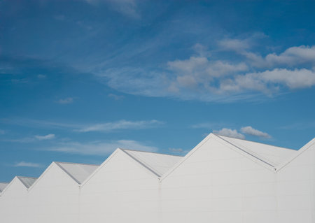 Abstract Industrial Architecture Image Of A Large Stark White Storage Sheds Or Warehouses With Sawtooth Rooflineの写真素材