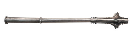 A Medieval Steel Mace Weapon With A Long Handle And Flanged Head, Isolated On A White Backgroundの写真素材