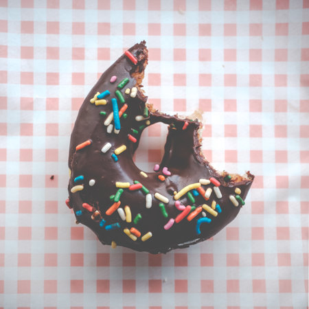 A Half-Eaten Chocolate Donut With Colorful Sprinkles On Checkered Paperの写真素材