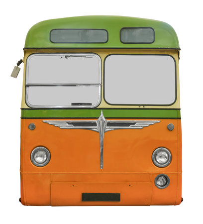 Front View Of Vintage Bus With Orange And Green Paint And Chrome Detail, Isolated On A White Backgroundの写真素材
