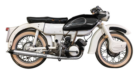 Vintage British White And Black Motorcycle (Motorbike) From The 1950s With Weathered Leather Seat, Isolated On A White Backgroundの写真素材