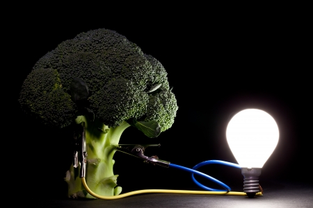 Vegetable powering a light bulbの写真素材