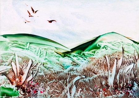 Mountain Scenew with flying birds wax paintingの写真素材
