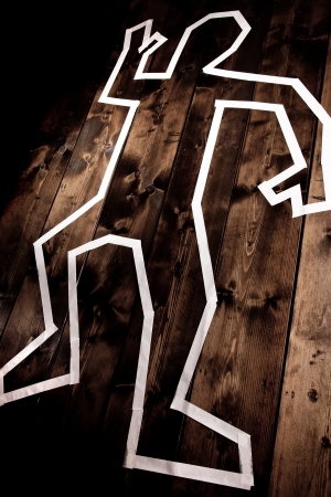 Crime scene dead man outline on floorの写真素材