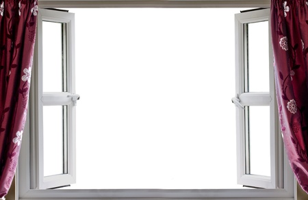Open window with a white background and curtains