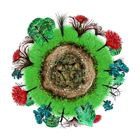 Cross section of planet earth with painted trees and grass isolated on white background