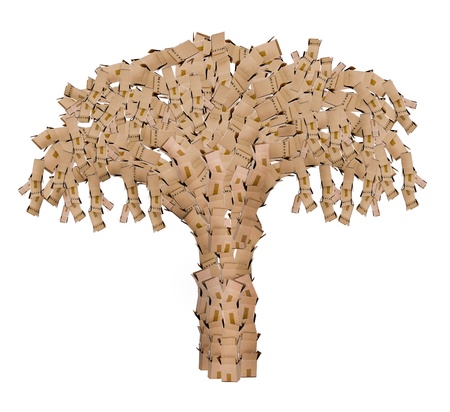 Tree made of recycled boxes on a white backgroundの写真素材