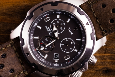 Gents analogue watch close up with leather strapの写真素材