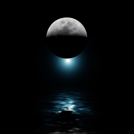 Backlit moon with blue star reflecting on water at nightの写真素材