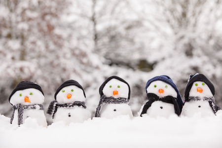 Five cute snowmen dressed for winter, all facing forward and sat on snow. Snowmen wearing hats and scarfs with carrot noses. Winter scene in the background with trees covered.の写真素材