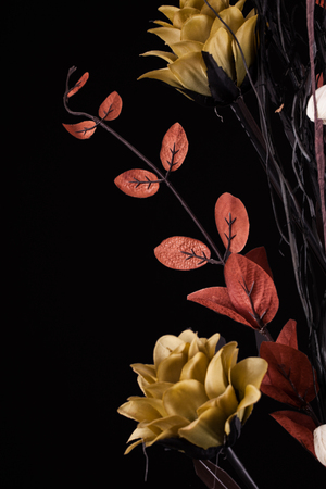Flower arrangement with warm dark tones on a black backgroundの写真素材
