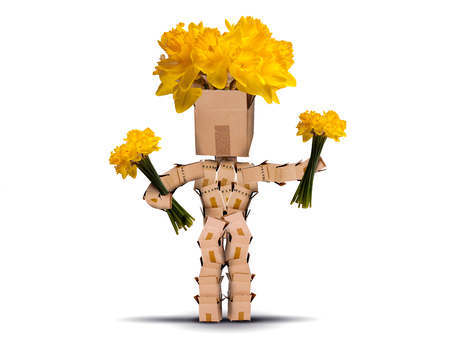 Boxman holding yellow flowers and has daffodils for hair. Isolated on a white background. Flower delivery or gift conceptの写真素材